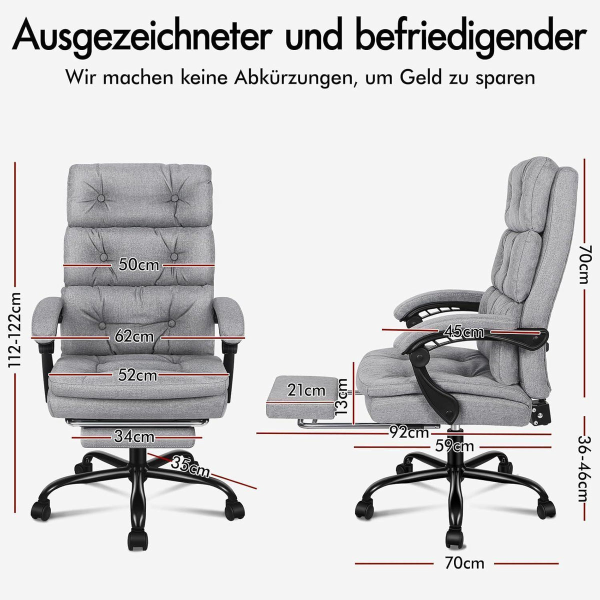 Ergonomischer Bürostuhl mit Fußstütze, Grau Leinen