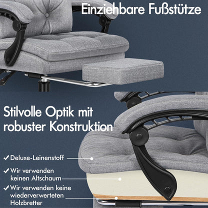 Ergonomischer Bürostuhl mit Fußstütze, Grau Leinen