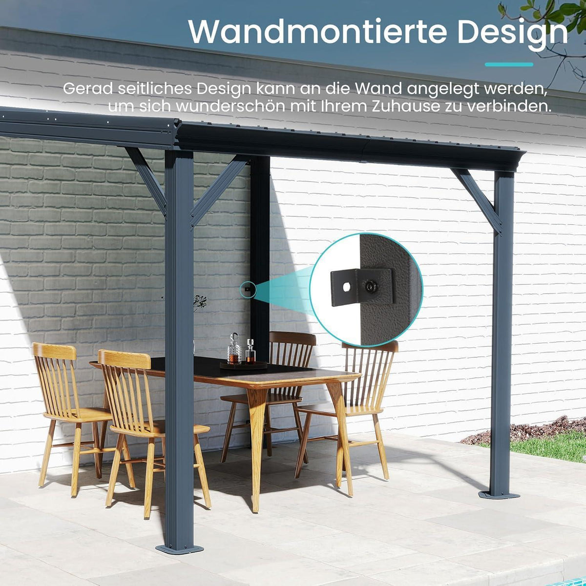 Wandpavillon 3x3m mit Entwässerung – Grau, Terrassenüberdachung