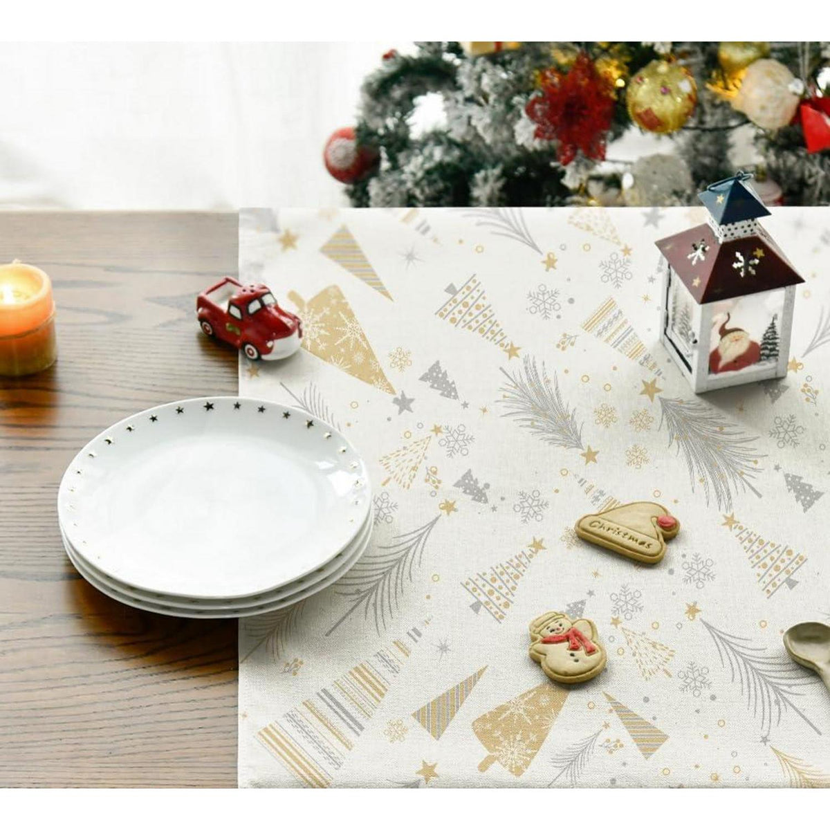 Boho Tischdecke Weiß Bäume Weihnachten 120x120 cm