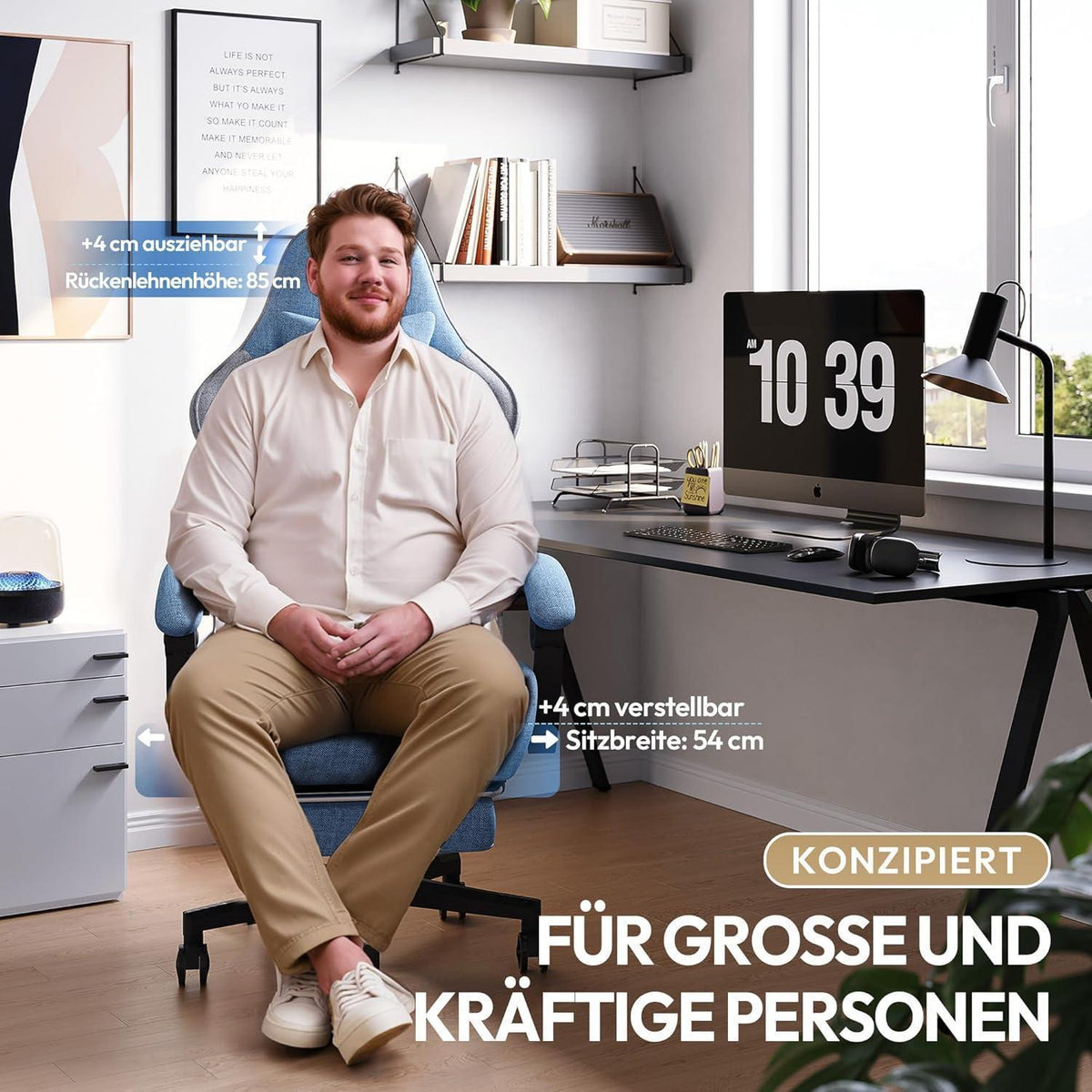 Ergonomischer Gaming-Stuhl mit Fußstütze und Netzgewebe (Blau, Übergröße)