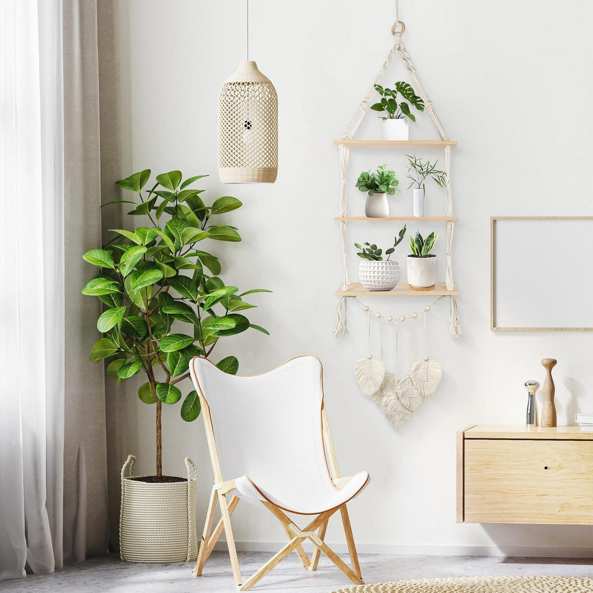 Wandregal Makramee Holz 3-Tier Boho Hängeregal Beige