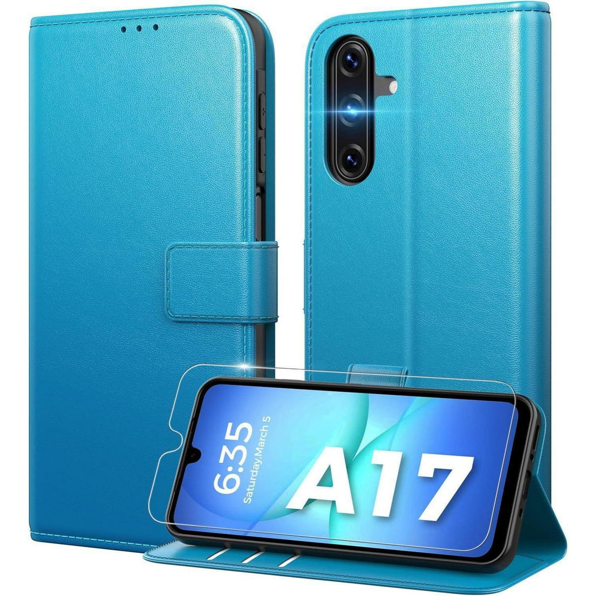 Klapphülle mit Kartenfach & Schutzglas für Samsung Galaxy A17 5G, Leuchtend Blau