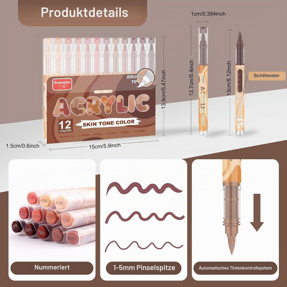 Acrylstifte Set 12 Braun | Pinselspitze für Stein, Glas & Co.