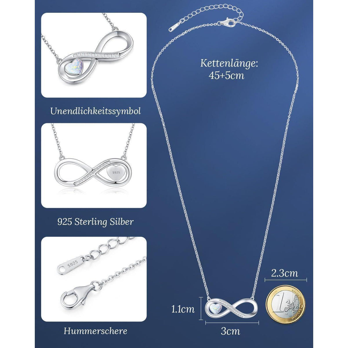 Silber Halskette Damen mit Infinity Herz & Geburtsstein Opal