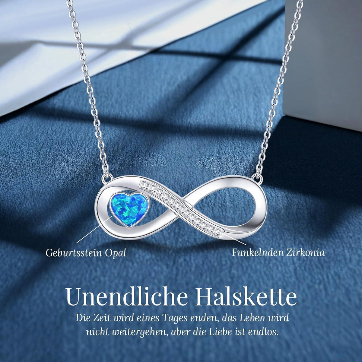 Silber Halskette Damen mit Infinity Herz & Geburtsstein Opal