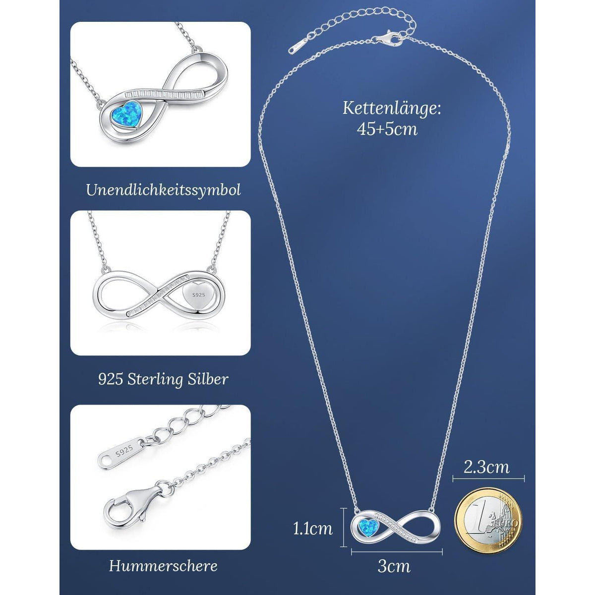 Silber Halskette Damen mit Infinity Herz & Geburtsstein Opal