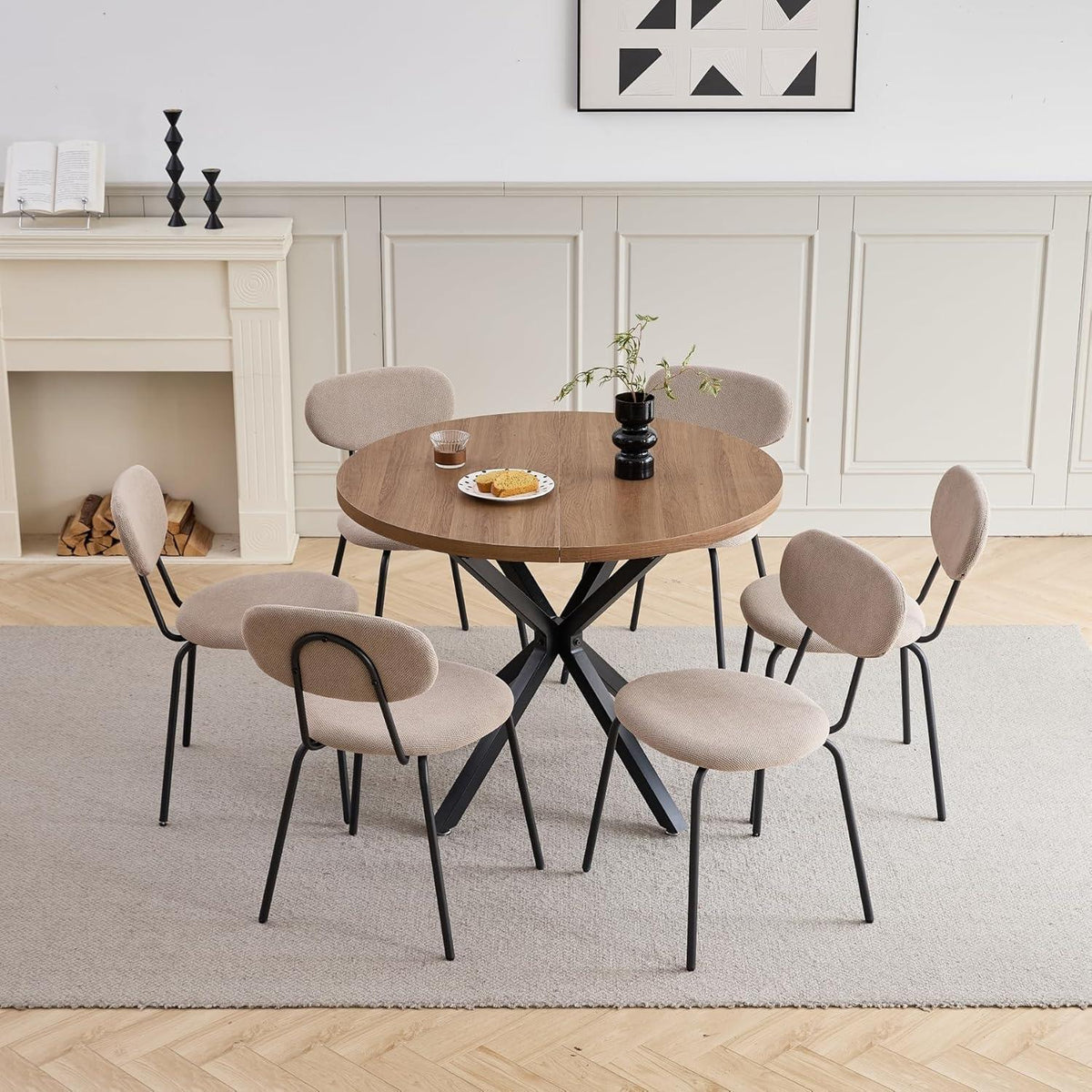Runder Esstisch Set (100cm) mit 6 Stapelstühlen Dunkel/Khaki