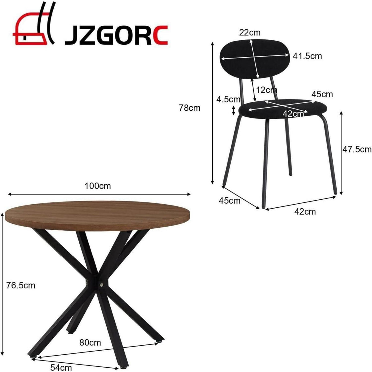 Runder Esstisch Set (100cm) mit 4 modernen Stühlen – Dunkel/Schwarz