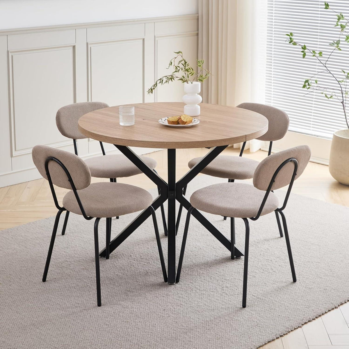 Runder Esstisch Set 100cm Holz + 4 Stapelbare Stühle Hell/Khaki