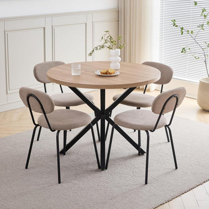 Runder Esstisch Set 100cm Holz + 4 Stapelbare Stühle Hell/Khaki