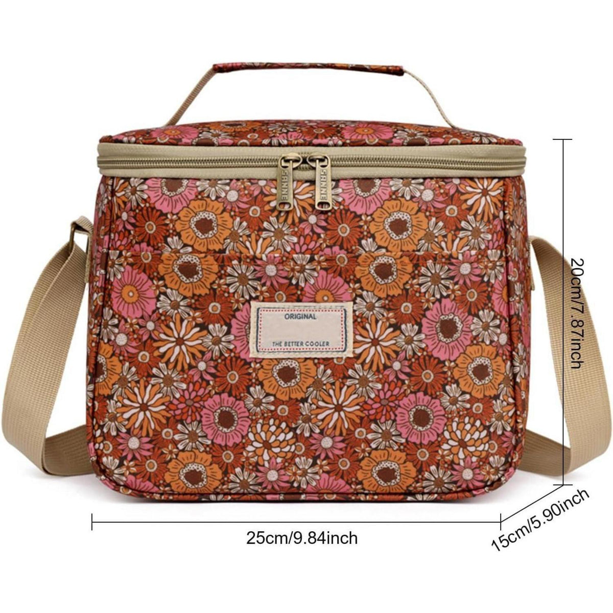 Isolierte Lunchtasche Blumenmuster mit Schultergurt (7.5L, Braun)