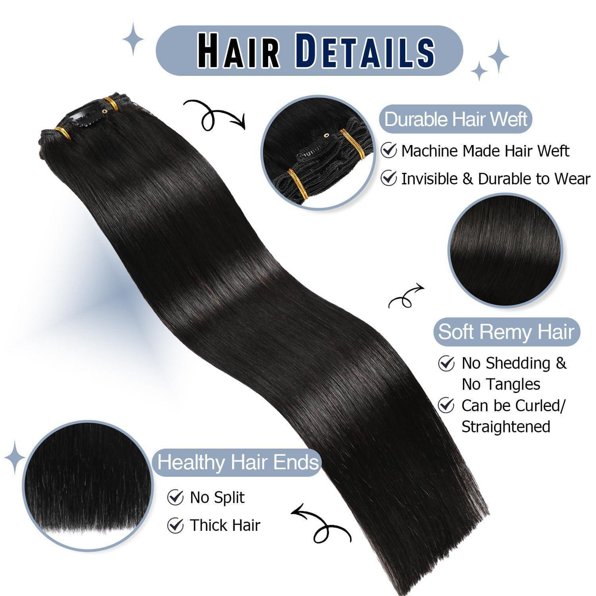 Echthaar Clip-Ins Schwarz – Haarverlängerung 30cm