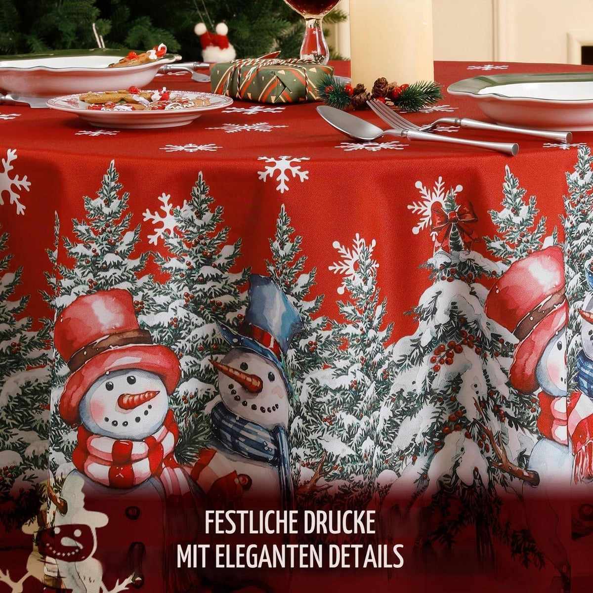 Rote Weihnachtliche Tischdecke Rund 160 cm mit Schneemann Dekor