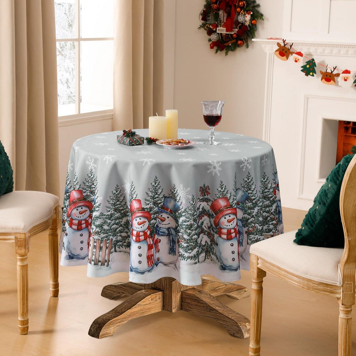 Weihnachts Tischdecke Grau Rund 160cm - Schneemann Motiv