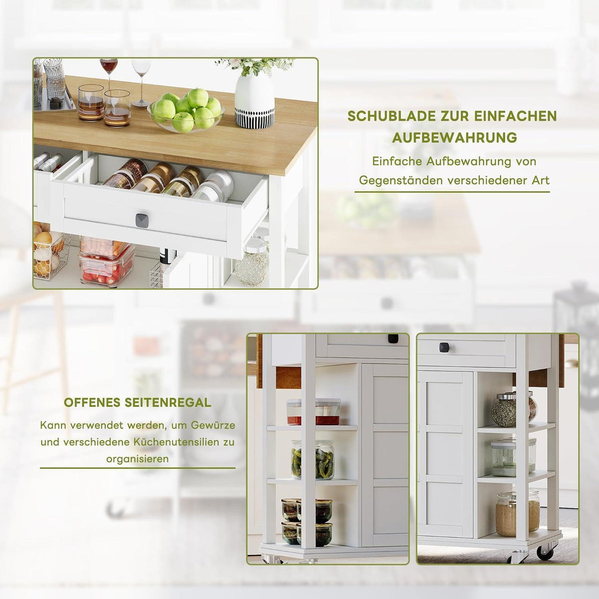 Klappbarer Küchenwagen mit Arbeitsplatte & Stauraum (Weiß)