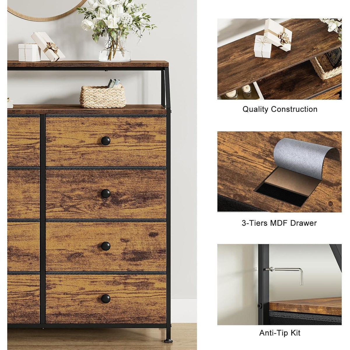 Kommode 8 Schubladen Vintagebraun mit Regal & Holzplatten