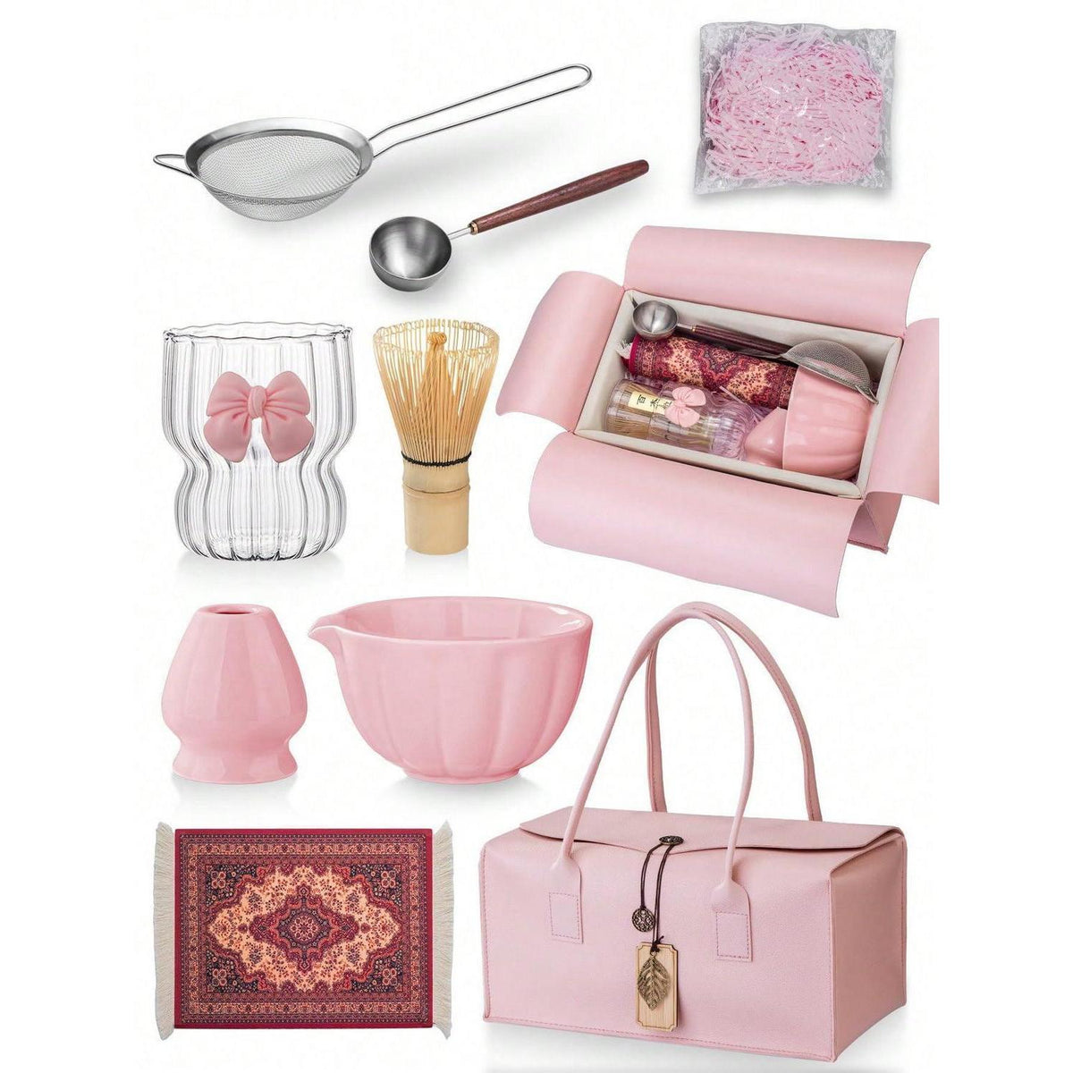 Matcha Set Premium 7-teilig mit Bambus Schneebesen & Rosa Etui