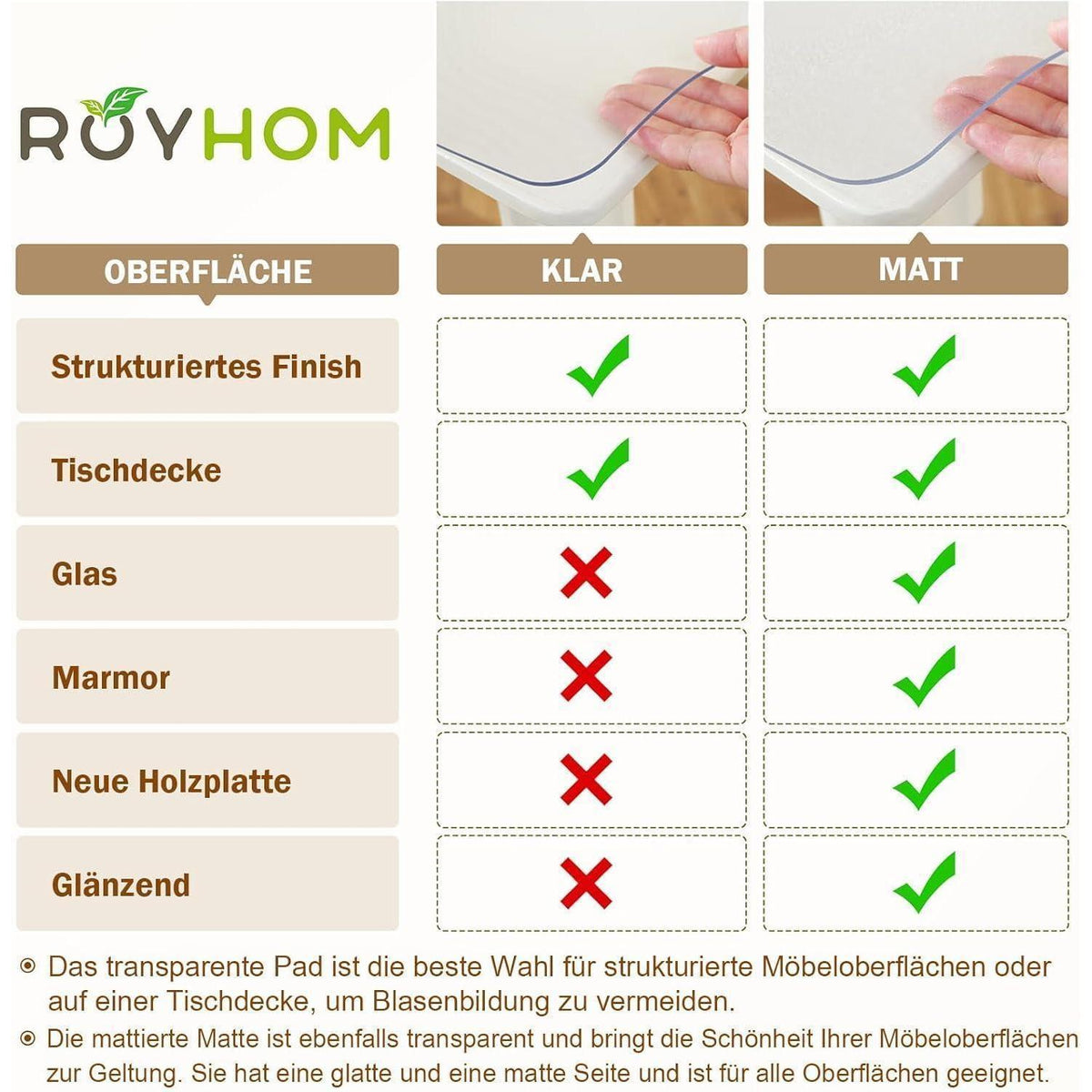 Royhom Tischfolie Transparent 100x180 cm – Mattiert & Blasenfrei