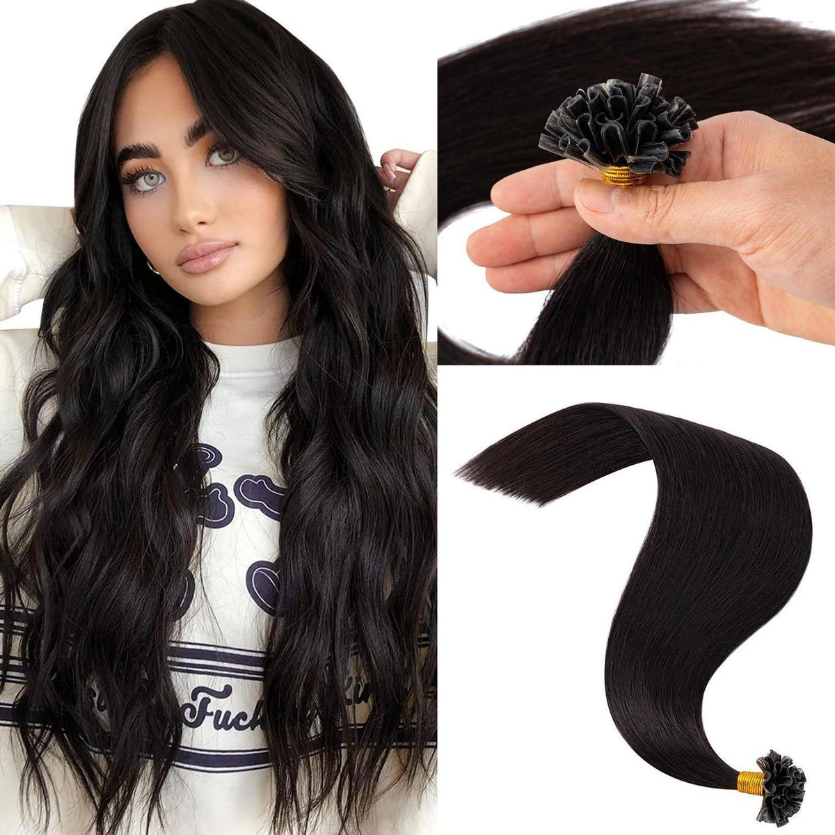 Echthaar Extensions Bondings #1B Schwarz 60cm – Remy U-Tip