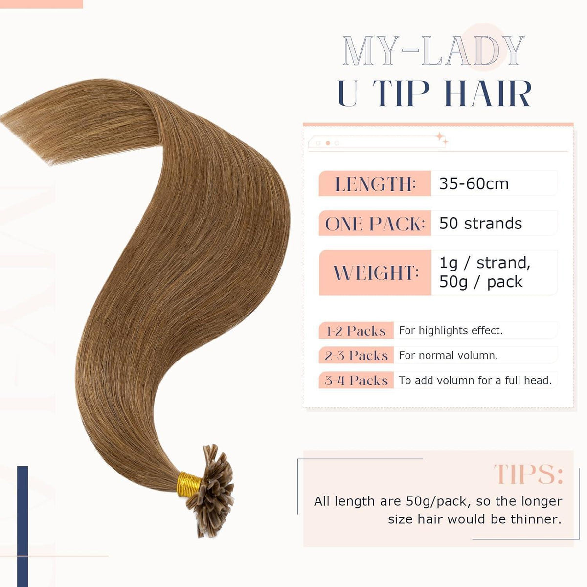 Echthaar Extensions Bondings Hellbraun 60cm – Remy U-Tip