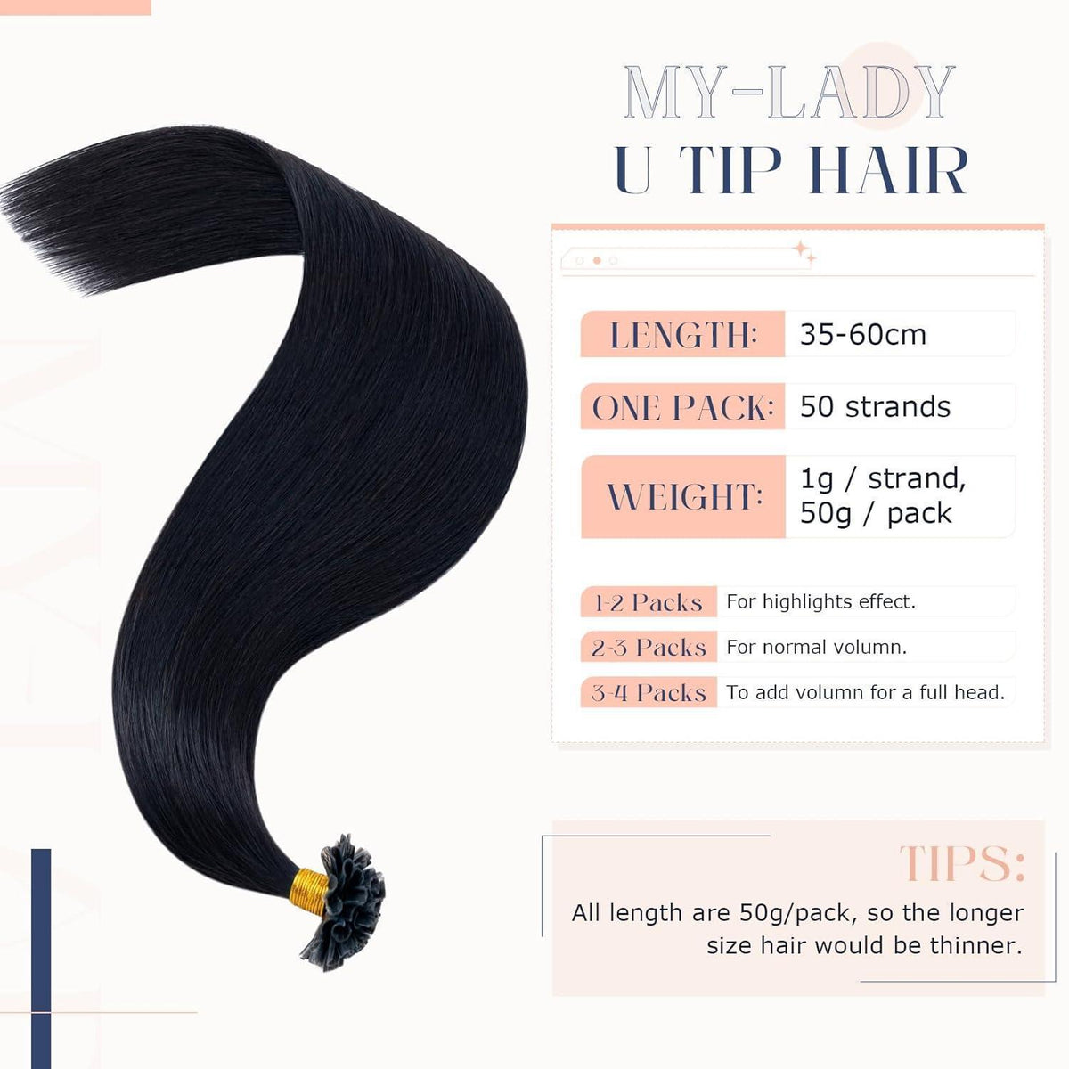 Echthaar Extensions Bondings Schwarz 50cm - 50 Strähnen