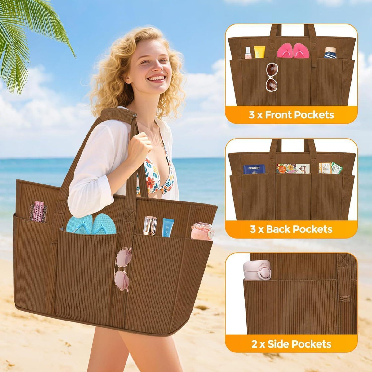 Große Strandtasche mit Reißverschluss, 45L, Cord-Kaffee
