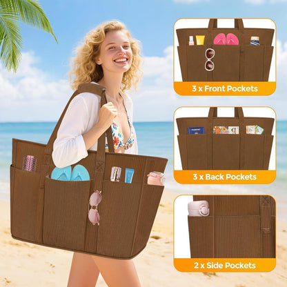 Große Strandtasche mit Reißverschluss, 45L, Cord-Kaffee