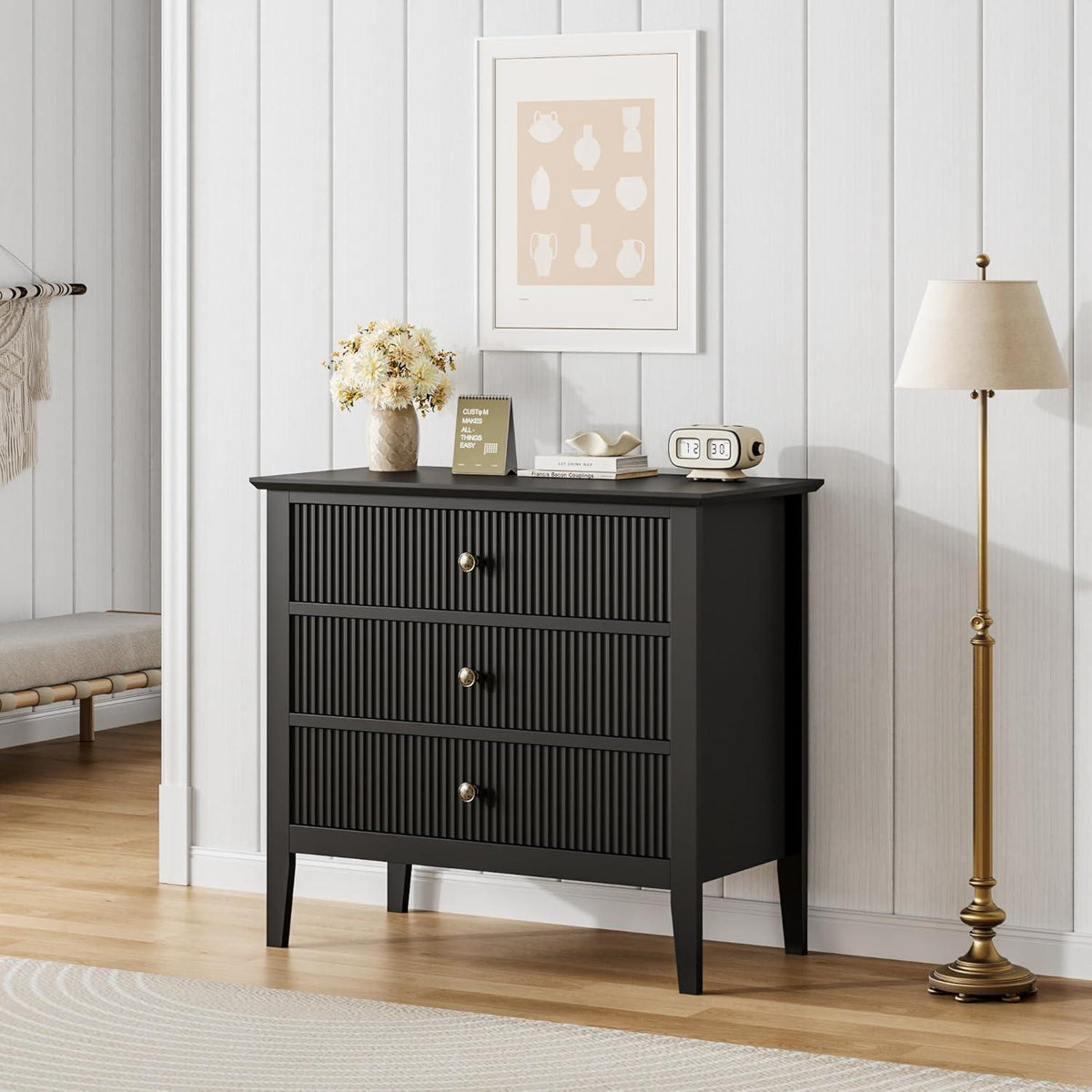 Schwarze Kommode mit 3 Schubladen – 80cm breit, modern & geriffelt