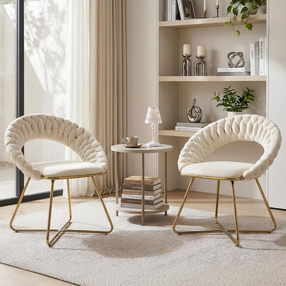 Beiger Loungesessel mit Samt & Goldbeinen