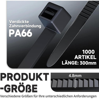 1000x Kabelbinder 4,8mm x 300mm – UV-Beständig & Stark