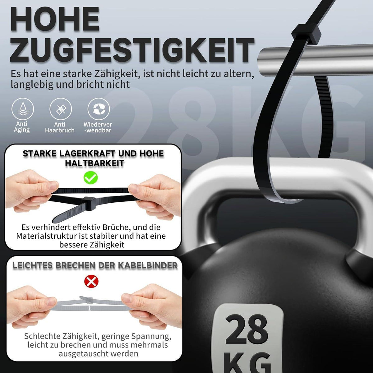 1000x Kabelbinder 4,8mm x 300mm – UV-Beständig & Stark