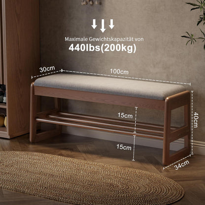 Holz Schuhregal Bank mit Kissen & Stauraum 100cm Walnuss