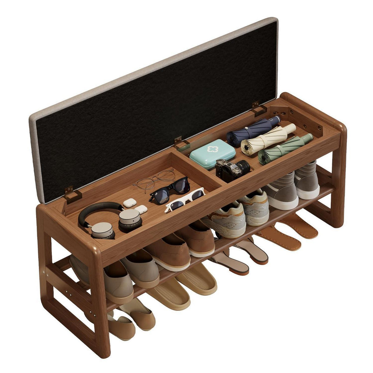 Holz Schuhregal Bank mit Kissen & Stauraum 100cm Walnuss