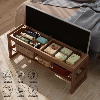 Holz Schuhregal Bank mit Kissen & Stauraum 100cm Walnuss