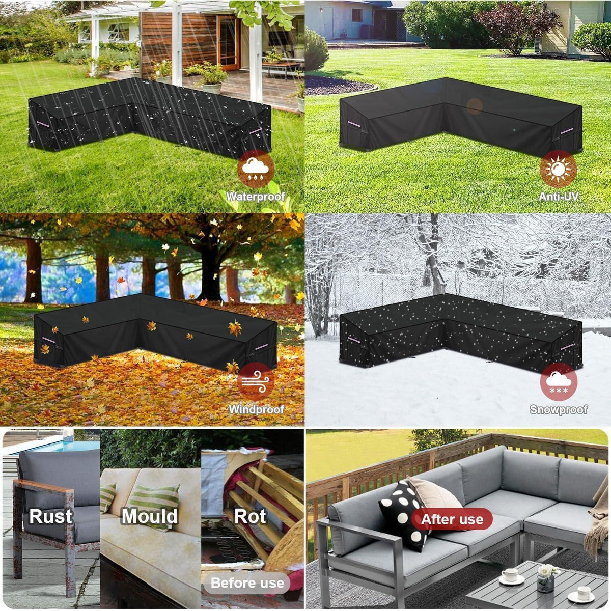 L-Form Gartenmöbel Abdeckung | Wasserdicht & Windfest | 220x280x90x80/60cm