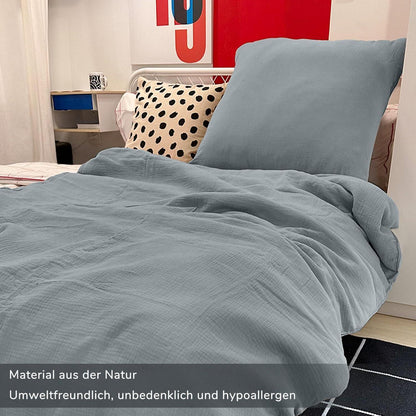Muslin Bettwäsche Set 200x220 cm Rauchgrau 3-teilig