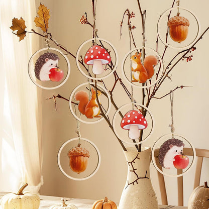 12er Herbst Holzanhänger Deko – Tiere, Pilze & Juteseil