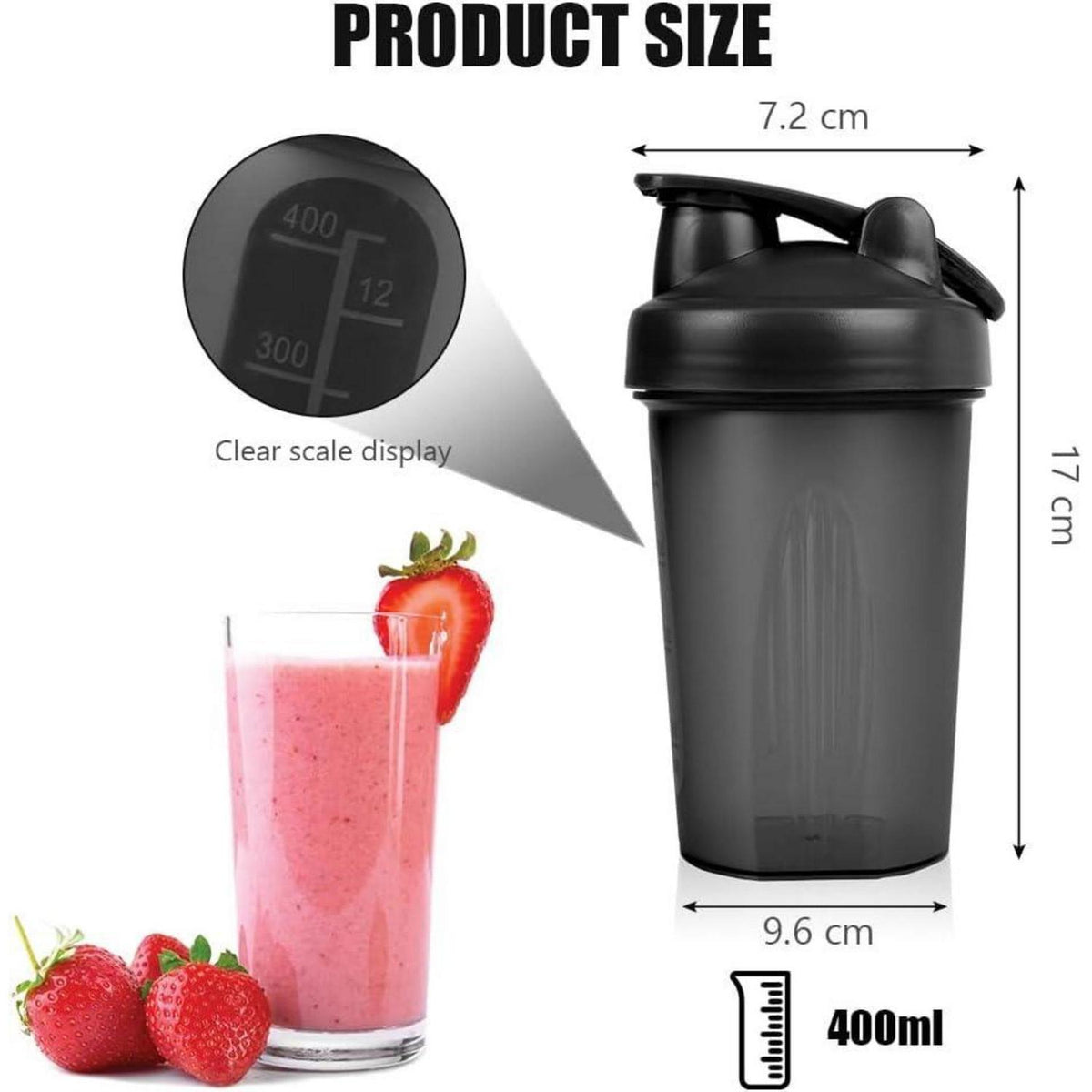 Protein Shaker 400ml mit Edelstahl-Mischkugel Schwarz+Lila