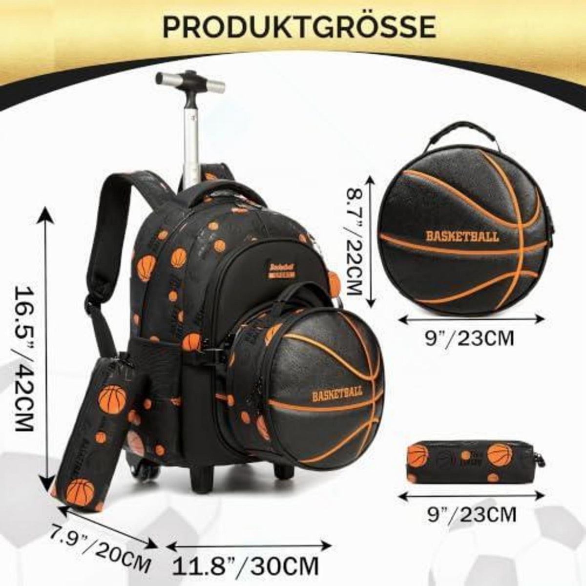 Schultrolley Rucksack Kinder Schwarz Basketball