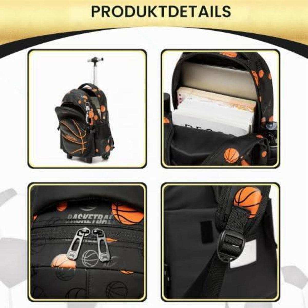Schultrolley Rucksack Kinder Schwarz Basketball