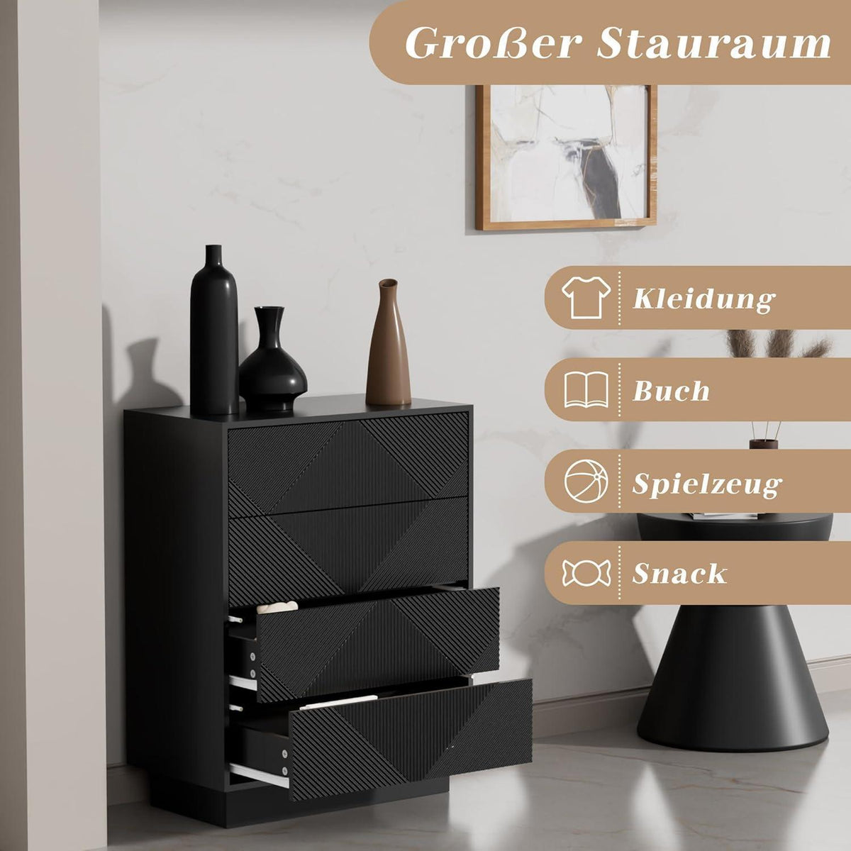 Moderne Kommode mit 4 Schubladen – Schwarz, 60x33,5x77,5cm