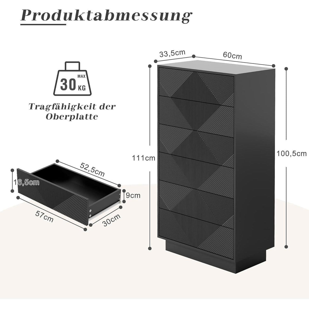 Schmale Kommode mit 6 Schubladen | Schwarz | Wohnzimmer, Schlafzimmer