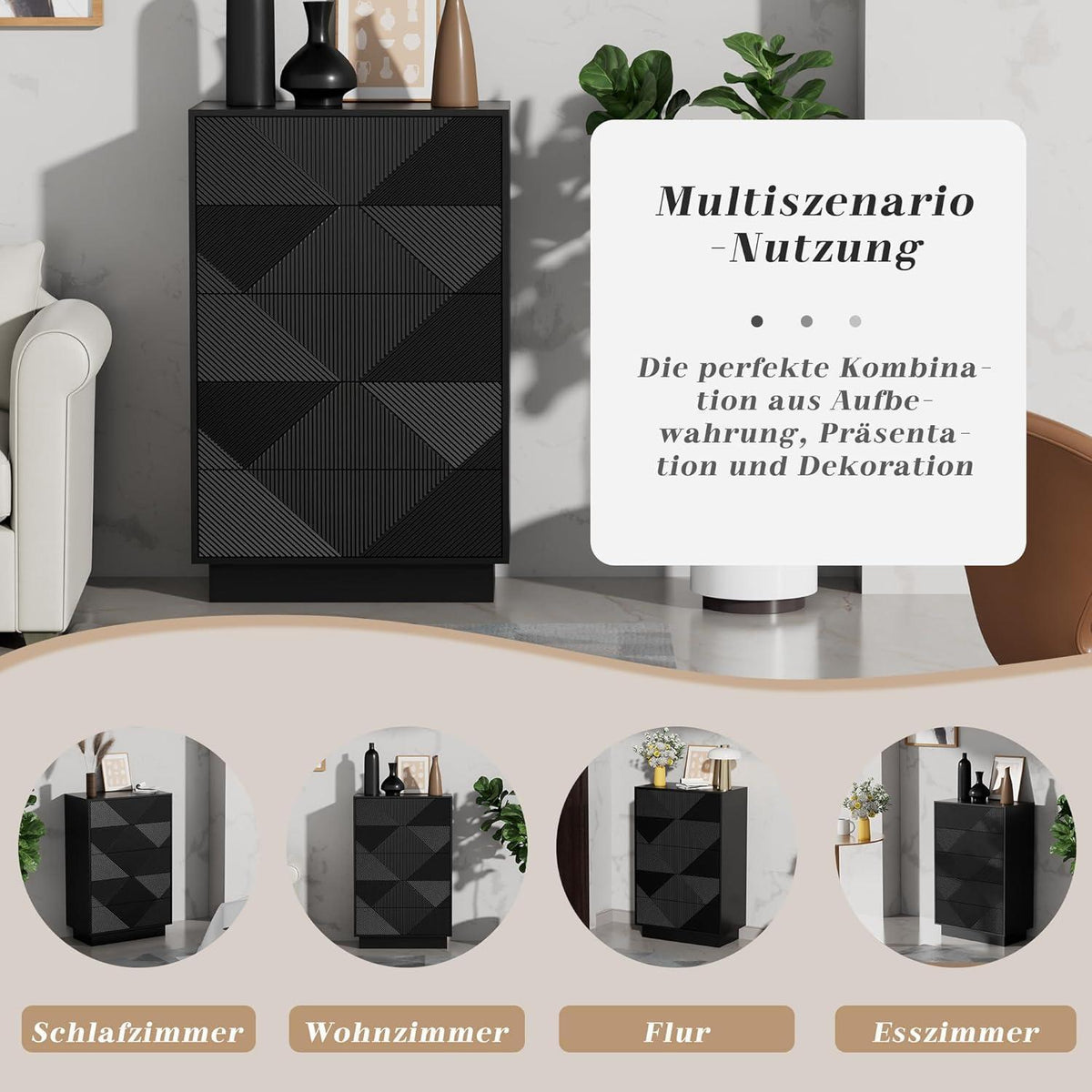 Schmale Kommode mit 5 Schubladen | Schwarz | Wohnzimmer Schlafzimmer