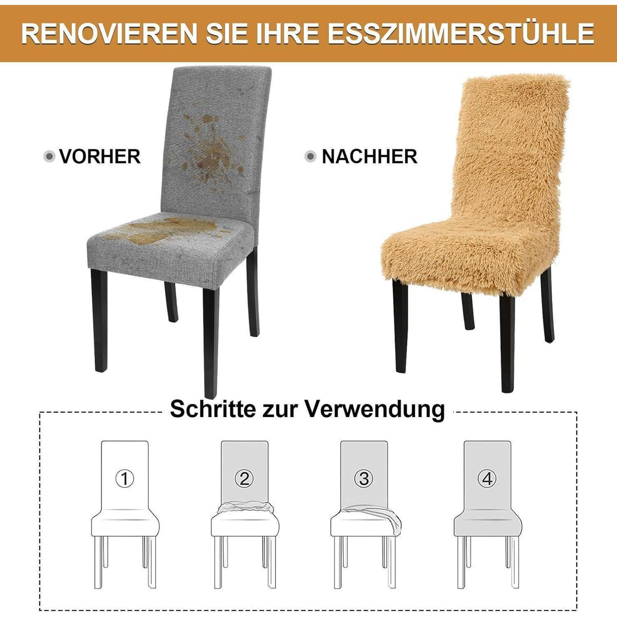 Hochflor Stuhlhussen 6er Set – Camel | Stretch & Waschbar