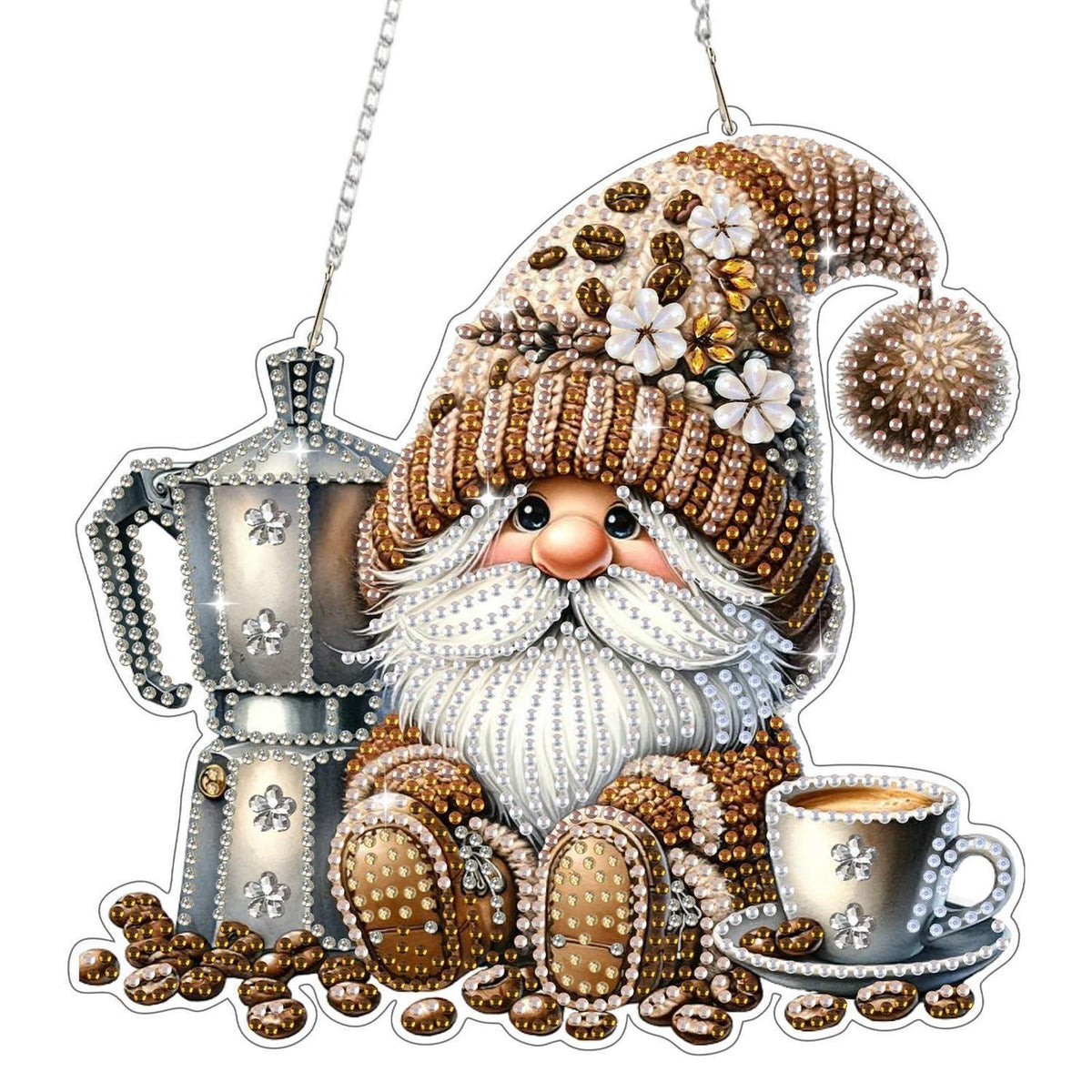 Diamantmalerei Anhänger Gnom & Kaffee – DIY Fensterdeko Set