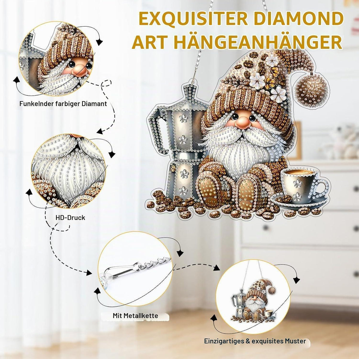 Diamantmalerei Anhänger Gnom & Kaffee – DIY Fensterdeko Set