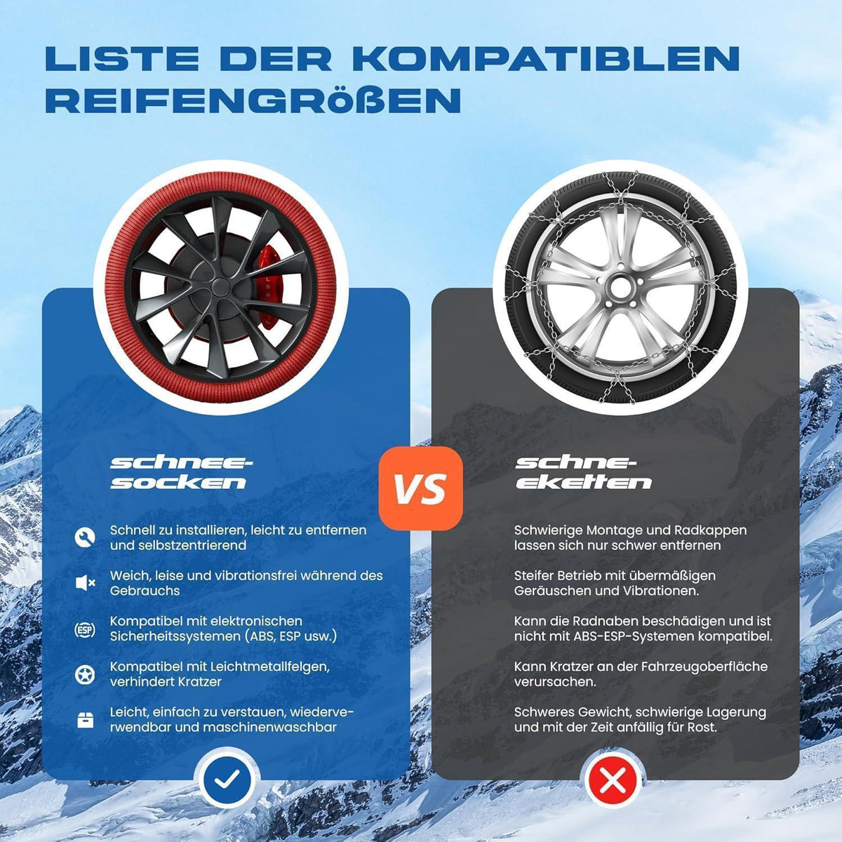 Schneesocken Winterreifen XL – Hochsicher & Leicht installierbar