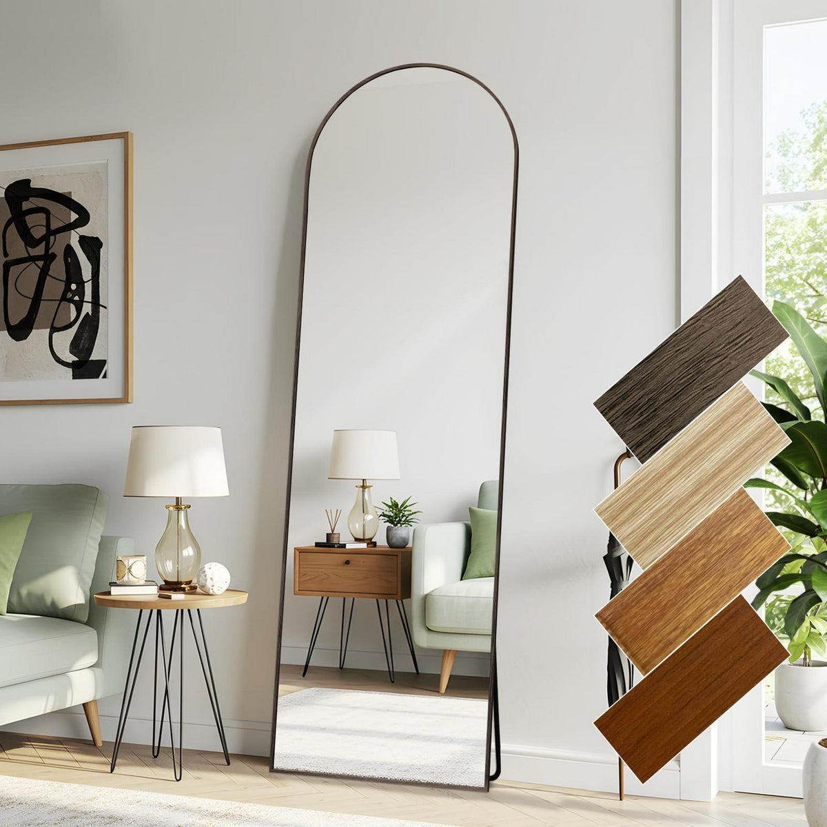 Gewölbter Ganzkörperspiegel 146x44cm mit Holzoptikrahmen