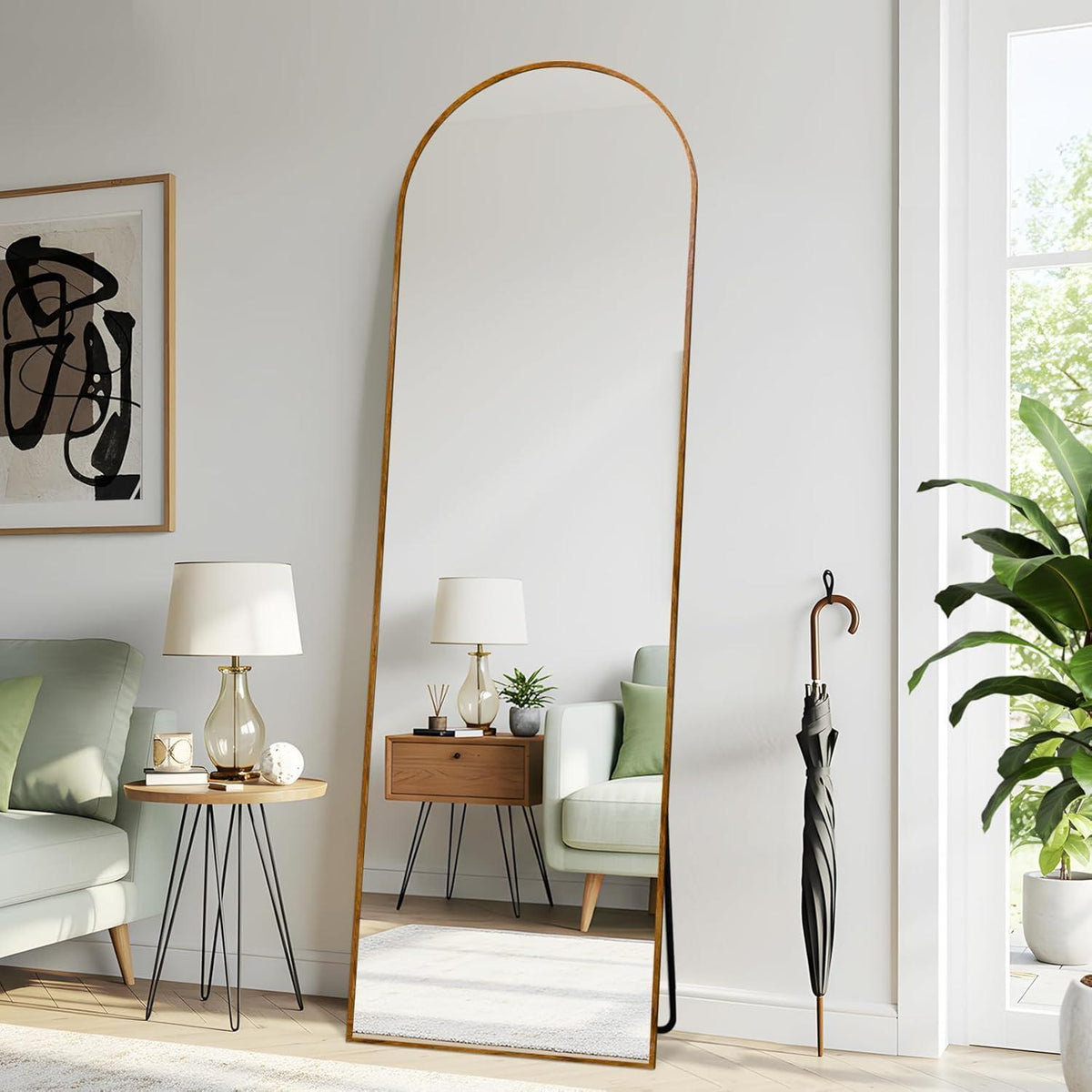 Gewölbter Ganzkörperspiegel mit Holzoptikrahmen – 161 x 52 cm
